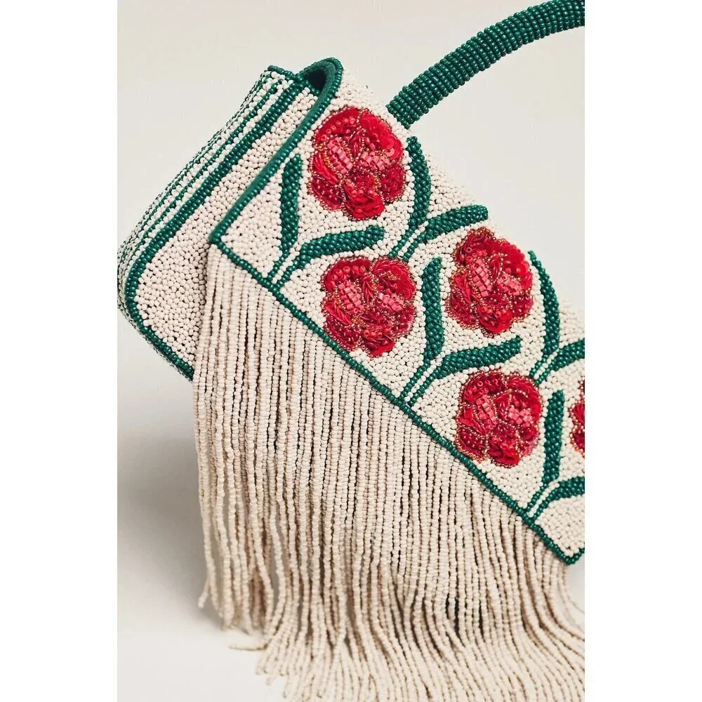 Anthropologie Beaded Fringe Floral Top-Handle Bag